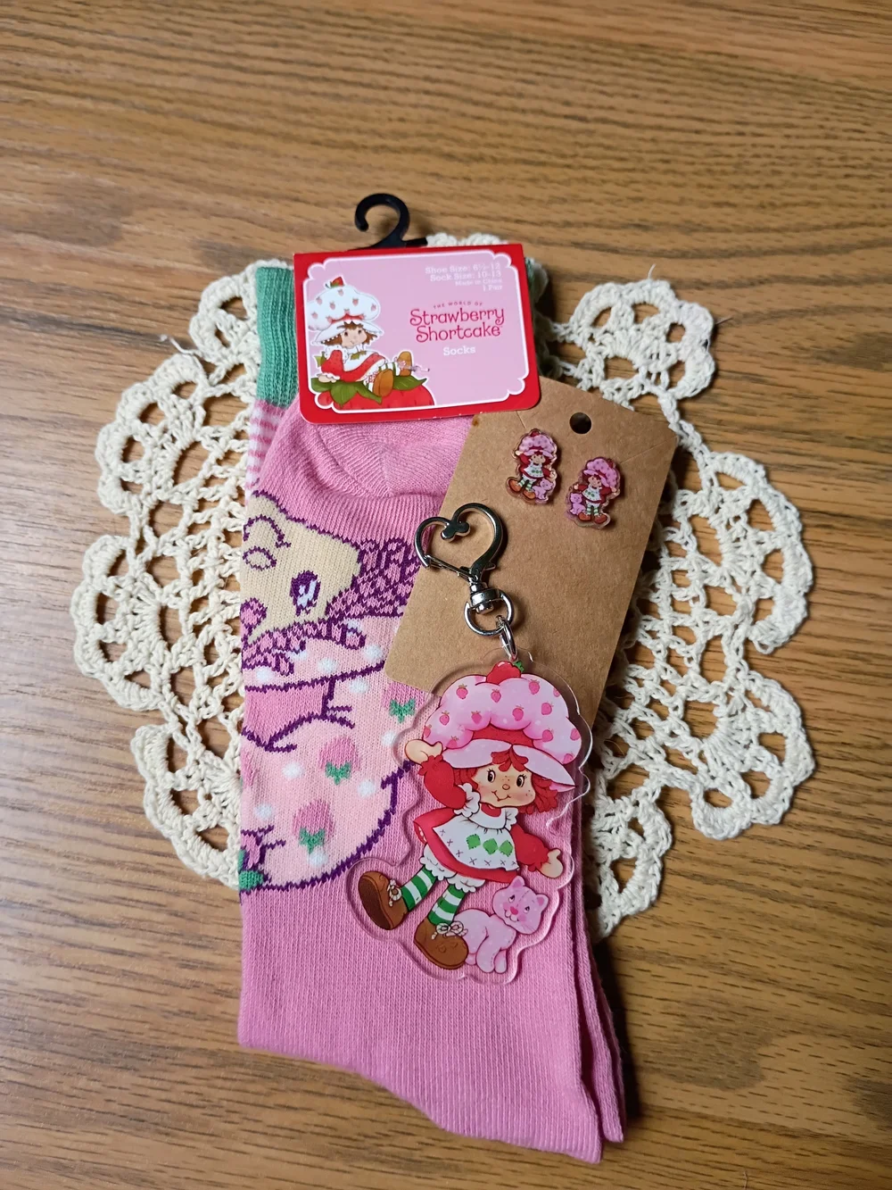 Pink Socks, Keychain And Earrings Set